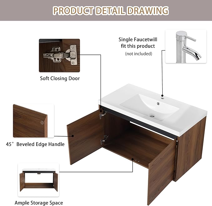 36" Floating Bathroom Vanity,36 Inch Bathroom Vanity with Sink,Single Sink Wall Mounted Vanity Combo,Dark Brown Wall Mounted Cabinet Set