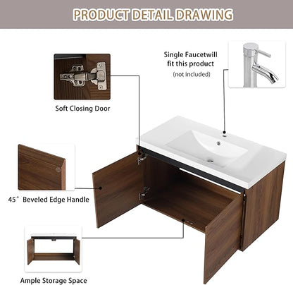 36" Floating Bathroom Vanity,36 Inch Bathroom Vanity with Sink,Single Sink Wall Mounted Vanity Combo,Dark Brown Wall Mounted Cabinet Set