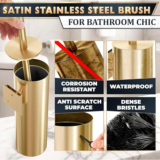 Gold Toilet Brush and Holder Set, Stainless Steel (Wall Mounted) | Toilet Brush with Holder Set, Splash Protection & Dense Bristles for Bathroom Cleaning, Strong Vacuum Suction and Holder