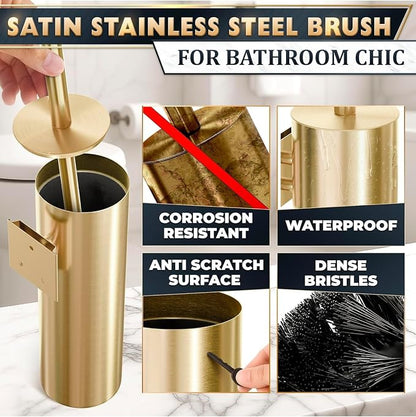 Gold Toilet Brush and Holder Set, Stainless Steel (Wall Mounted) | Toilet Brush with Holder Set, Splash Protection & Dense Bristles for Bathroom Cleaning, Strong Vacuum Suction and Holder