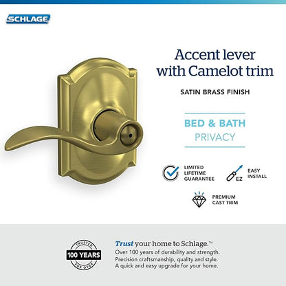 SCHLAGE Accent Lever with Camelot Trim Bed and Bath Lock in Satin Brass - F40 ACC 608 CAM