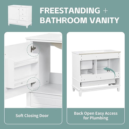 Merax Bathroom Vanity with Ceramic Sink 36 Inch, Cabinet with One Door and Three Drawers, Soft-Closing Door, Solid Wood Legs, White