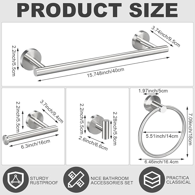 Blulu 30 Pcs Bathroom Hardware Set, Towel Bar Accessories, Brushed Nickel | Stainless Steel Bathroom Accessories, Wall Mounted 16 Inch Towel Racks, Hook, Ring, Toilet Paper Holder Kit Modern Decoration