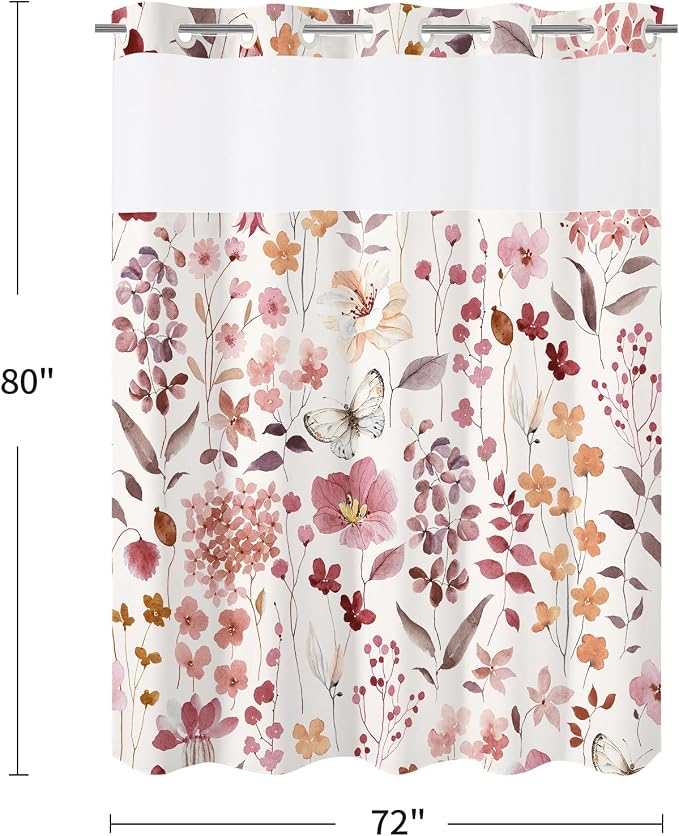 No Hook Burgundy Watercolor Floral Shower Curtain and Liner Set, 72x80 | Spring Flower Shower Curtains with Snap-in Liner for Farmhouse Bathroom Decor, Botanical Bathroom Curtain with Leaves