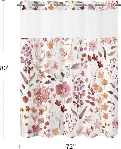 No Hook Burgundy Watercolor Floral Shower Curtain and Liner Set, 72x80 | Spring Flower Shower Curtains with Snap-in Liner for Farmhouse Bathroom Decor, Botanical Bathroom Curtain with Leaves