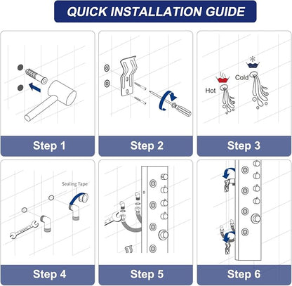 ROVATE 6 in 1 LED Rainfall Waterfall Shower Panel Tower System Matte Black | Stainless Steel Shower Column with Tub Spout, 2-Setting Massage Body Jets and Flexible Handheld, Water Flow Adjustable