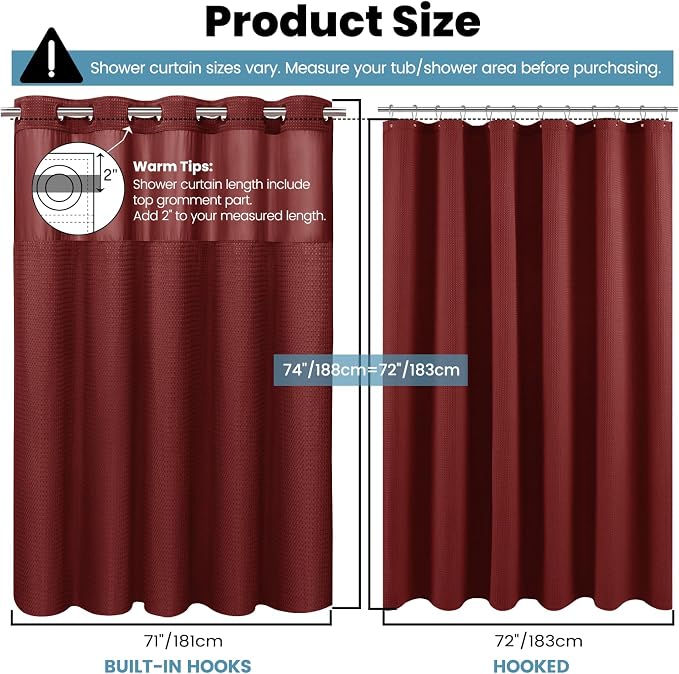 SORTTO No Hook Shower Curtain with Snap in Liner Set Waffle Shower Curtain for Bathroom Hotel Style Fabric Waterproof Inner Liner，71" W x 74" H, Burgundy