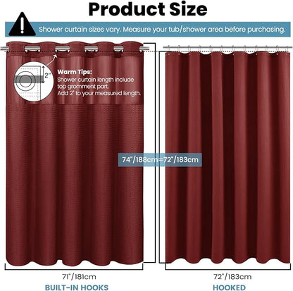 SORTTO No Hook Shower Curtain with Snap in Liner Set Waffle Shower Curtain for Bathroom Hotel Style Fabric Waterproof Inner Liner，71" W x 74" H, Burgundy