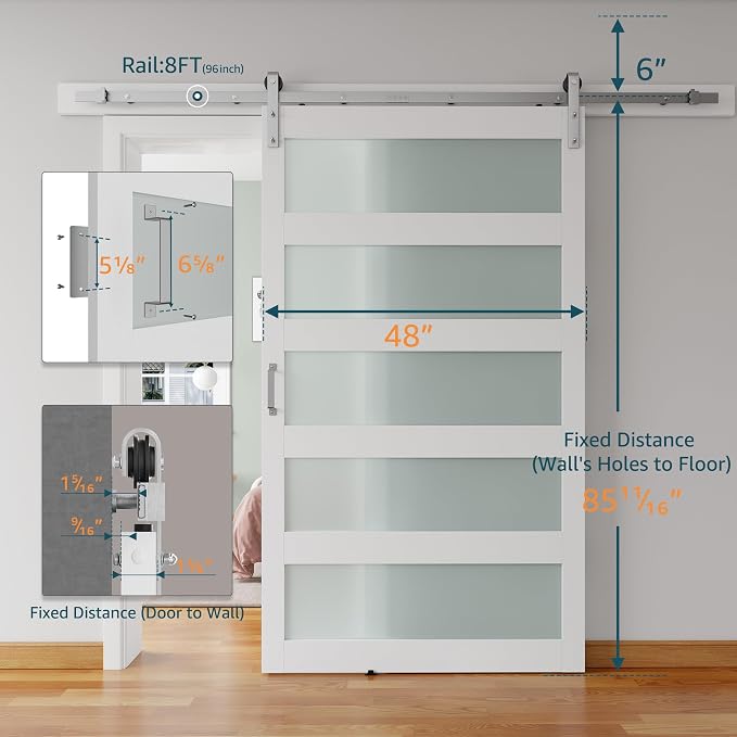 48'' x 84'' Glass Barn Door and 8FT Brushed Nickel Hardware Kit | MDF White Barn Door Slab with Frosted Glass, PVC Surface, Combined with Handle and Floor Guide-Assembly Required