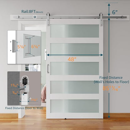 48'' x 84'' Glass Barn Door and 8FT Brushed Nickel Hardware Kit | MDF White Barn Door Slab with Frosted Glass, PVC Surface, Combined with Handle and Floor Guide-Assembly Required