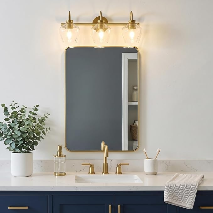 ANDY STAR Brushed Gold Vanity Light, 3 Light Bathroom Light Fixtures with Clear Diamond-Shape Hammered Glass, Brass Vintage Ripple Wall Lights for Hallway, Bedroom, Anti-Rust, E26 Base (No Bulbs)