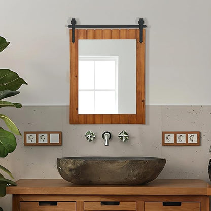 Besdomus Bathroom Rustic Wall Mirror: 22"x30" Brown Barn Door Solid Cedar Wood Frame Vanity Mirror - Wall Mounted Mirror for Hallway/Living Room/Bathroom - Farmhouse Decor for Fashion-Conscious