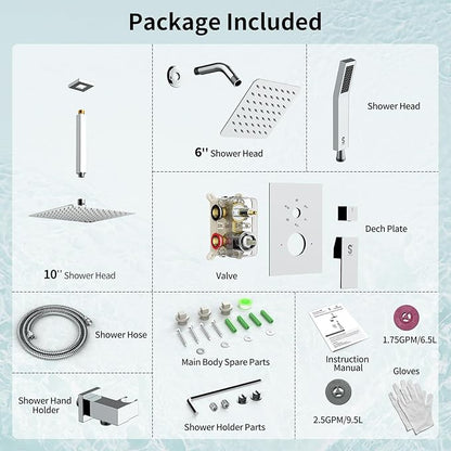 Shower Faucet Set Shower System - SR SUN RISE Polished Chrome Shower Trim Kit with Dual Shower Head, 10'' Ceiling Rainfall 6'' Wall Mount with Handheld Shower for Couples, Complete 6 Diverter Valve