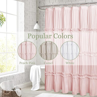 Farmhouse Ruffle Shower Curtain, Peach Pink, 72 x 72 in | Decorative Elegant Bathroom Curtain with 12 Holes, Soft Ruched Microfiber Fabric, Vintage Handmade Design