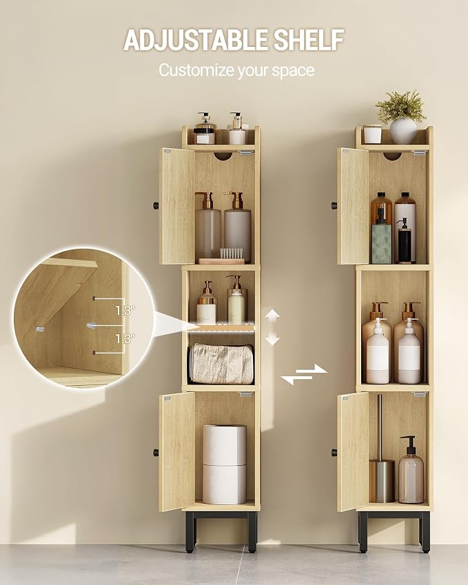 Hzuaneri Slim Bathroom Storage Cabinet, Narrow Bathroom Organizers,2 Doors | Narrow Bathroom Storage with 4 Adjustable Feet, Laundry Room Organization for Small Space,Kitchen, Rattan Yellow BC22402Y