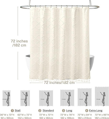 Cream Boho Woven Fabric Shower Curtain, 72 x 72 Tufted Chevron Textured Striped Modern Farmhouse Minimalist Cloth Curtain for Bathroom