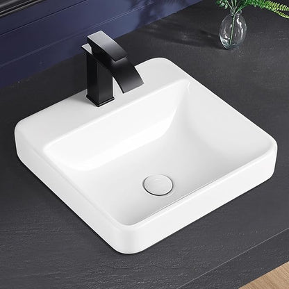 Vessel Sink 18"x18" Semi Recessed Bathroom Sink Drop-in White Bathroom Sink Porcelain Ceramic Modern Rectangular Sinks Drop-in Vanity Sinks with Overflow for Bathrooms