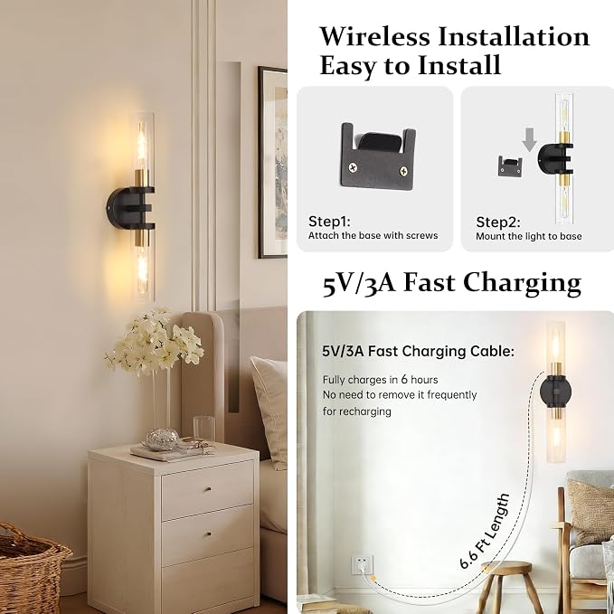 Shenmoyl Set of 2 Wall Sconces, 7800 mAh Battery Operated Wall Sconce with 3 Colors & Remote Control, Black Gold Rechargeable Wall Lamp with Clear Glass Shade for Bedroom, Bathroom, Stairwell, Hallway