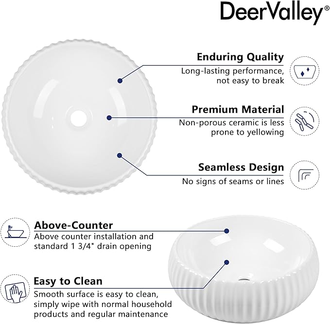 DeerValley 15.7 Inch White Round Ceramic Vessel Sink, Above Counter Porcelain Bathroom Vanity Bowl Art Basin (Without Sink Drain), DV-1V0223