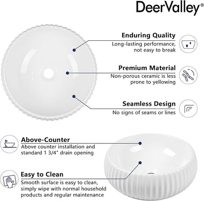 DeerValley 15.7 Inch White Round Ceramic Vessel Sink, Above Counter Porcelain Bathroom Vanity Bowl Art Basin (Without Sink Drain), DV-1V0223