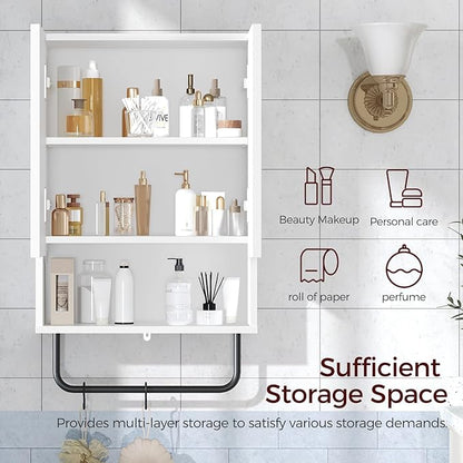 Bathroom Wall Cabinet, Wall Mounted Medicine Cabinets with Towel Bar & Adjustable Shelf, Over The Toilet Space Saver Storage Cabinet with 2 Doors, for Bathroom Laundry Room Kitchen, White