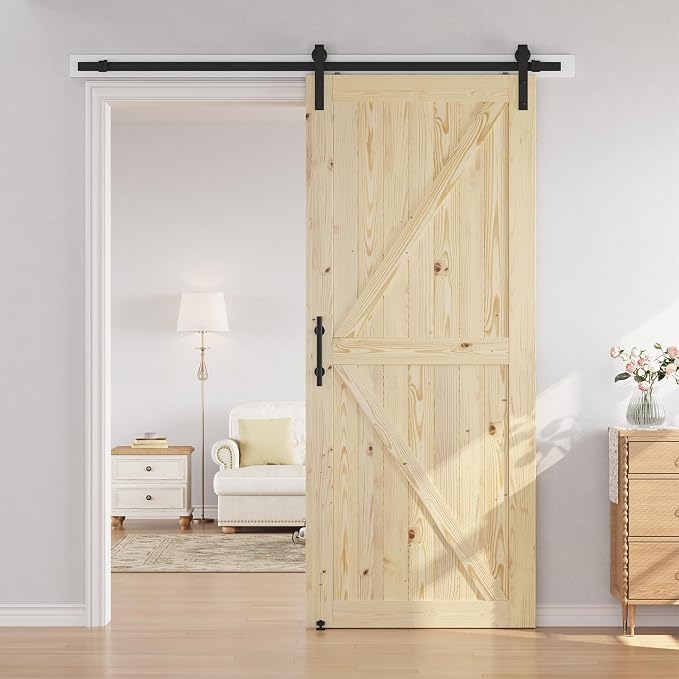 SMARTSTANDARD 42in x 96in Sliding Barn Door with 7ft Hardware Kit Included | Fit Opening up to 38"x94", Unfinished Solid Spruce Wood Door, Assembly Required DIY,Stainable,Natural