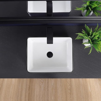 19"x15" Vessel Sink Bathroom Sink Rectangular Modern White with Black Trim Porcelain Ceramic Above Counter Vanity Sink for Bathrooms Art Basin