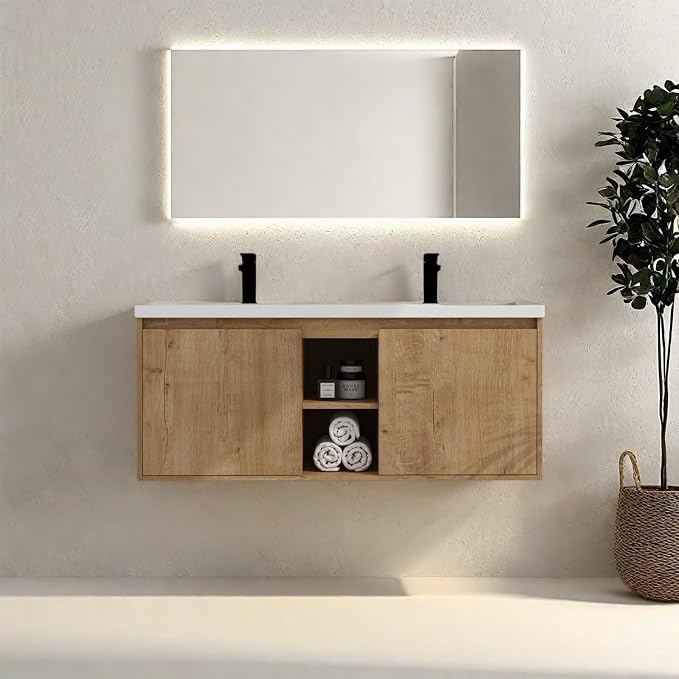 Floating Bathroom Vanity, 48" Bathroom Storage Cabinet with Double Resin Sinks, 2 Soft-Close Doors & 2 Open Storage Shelves, Modern Wall-Mounted Vanity with 45° Bevel Handles, Oak