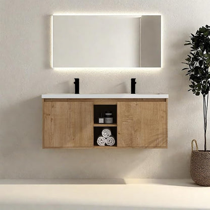 Floating Bathroom Vanity, 48" Bathroom Storage Cabinet with Double Resin Sinks, 2 Soft-Close Doors & 2 Open Storage Shelves, Modern Wall-Mounted Vanity with 45° Bevel Handles, Oak