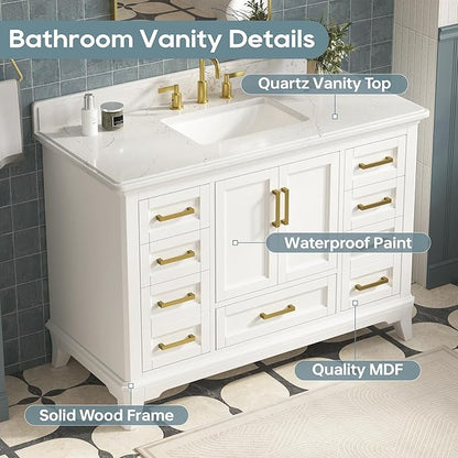 48 Inch Bathroom Vanity with Sink, Farmhouse Bathroom Vanity Set with Quartz Countertop, Painted Bathroom Storage Cabinet with Soft Closing Doors & Dovetail Pine Drawers, White