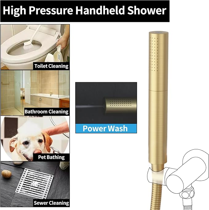 AYIVG Brushed Gold Finish Round Brass 2 In 1 Function High Pressure Handheld Shower Head Sprayer Hand Shower Wand with 59 Inch Hose For Bathroom Shower System