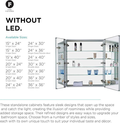 Bathroom Medicine Cabinet, Aluminum, Recessed/Surface Mount, 30" x 36", Right/Left Hinged, Mirrored Interior