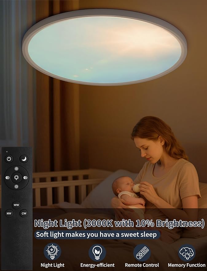 20 Inch Flush Mount Ceiling Light with Blue Sky Cover, Dimmable Ceiling Lamp with Remote, 42W LED Lighting Fixtures Sunlight Effect, Modern Slim Design for Classroom Bedroom Living Room, Round White