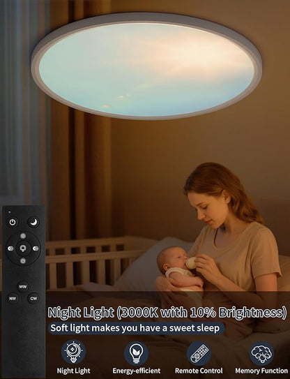 24 Inch Flush Mount Ceiling Light with Blue Sky Cover, Dimmable Ceiling Lamp with Remote, 54W LED Lighting Fixtures Sunlight Effect, Modern Slim Design for Classroom Bedroom Living Room, Round White