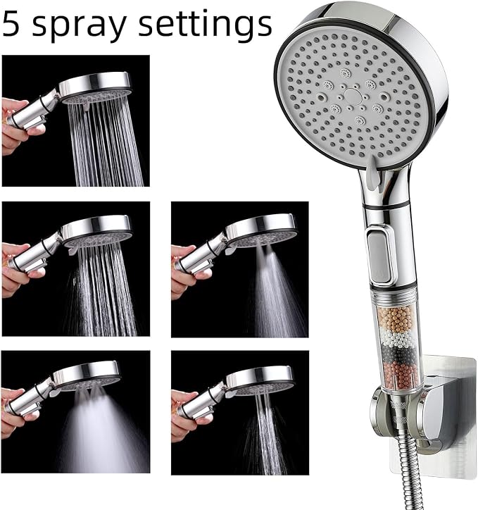 RV Shower Head with Hose, High Pressure 5 Setting Shower Head with Filter and On/Off, Water Saving Shower Head for RV/Camper, Travel Trailer, Motorhome,Shower head Replacement
