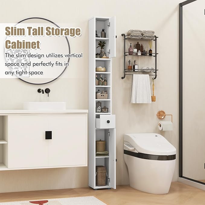 GIANTEX 71” Tall Slim Bathroom Storage Cabinet (White) | Narrow Floor Cabinet with 2 Doors, 5 Adjustable Shelves, 1 Drawer, Anti-Tipping Device for Small Spaces, Living Room, Kitchen