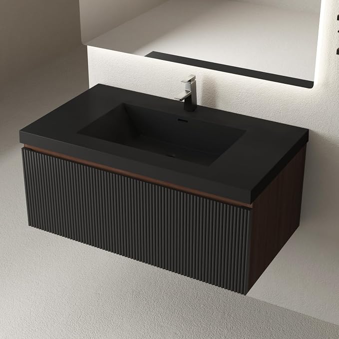 36 Inch Floating Bathroom Vanity with Sink, Wall Mounted Striped Storage Cabinet, Soft Close Drawer, Black Quartz Sand Basin, Fully Assembled, Smoked Walnut Finish