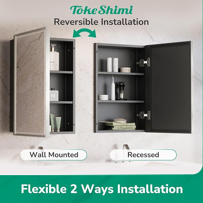 16x24 Beveled Mirrored Medicine Cabinet Wall Mounted or Recessed Medicine Cabinet with Mirror for Bathroom Brushed Nickel, Aluminum Framed Metal Mirror with Storage Adjustable