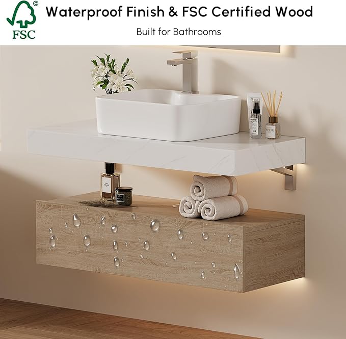 homary 35'' Floating Bathroom Vanity with Sintered Stone Countertop, Wall-Mounted Bathroom Cabinet with Ceramic Sink & Drawer Storage, Waterproof Modern Single Vanity, Natural
