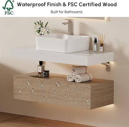 homary 35'' Floating Bathroom Vanity with Sintered Stone Countertop, Wall-Mounted Bathroom Cabinet with Ceramic Sink & Drawer Storage, Waterproof Modern Single Vanity, Natural