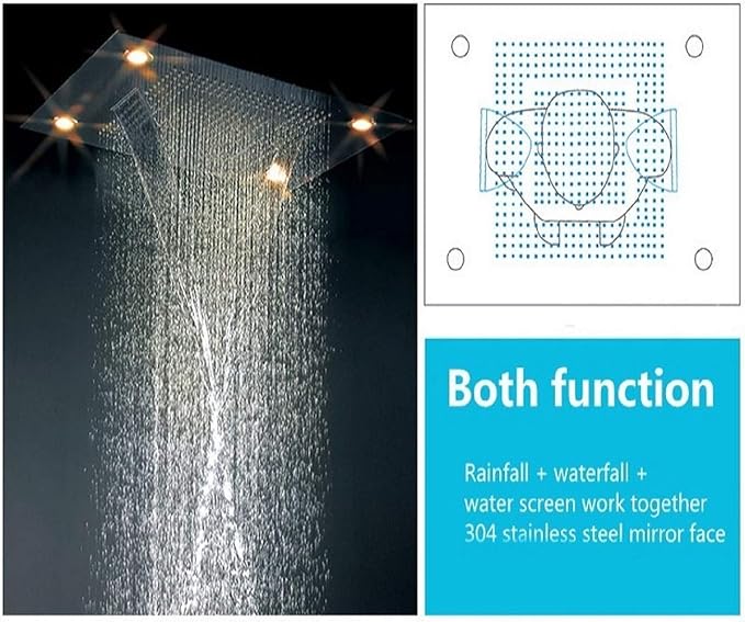 Cascada Classic Design 23”x31” large recessed LED rain shower head w/3 modes (Rainfall+ Water Curtain + Waterfall)(NON Music, Matt Black)