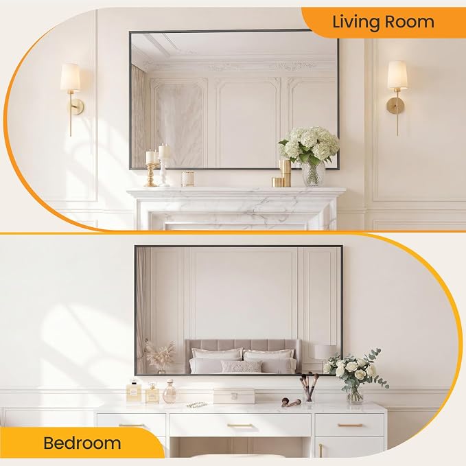 Sweetcrispy Bathroom Mirror, 30" x 48" Rectangle Wall Mount Mirrors | Modern Vanity Mirror with Tempered Glass, Metal Frame, for Home Decor, Anti-Rust, Black
