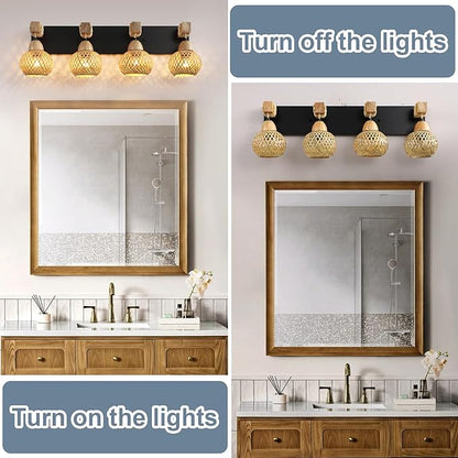 Farmhouse Bathroom Light Fixture, 4-Light Boho Vanity Light, Bamboo Bathroom Light Fixture Over Mirror Rustic Vanity Lighting with Handmade Bamboo Shades, Suit for Restroom, Bedroom, Hallway