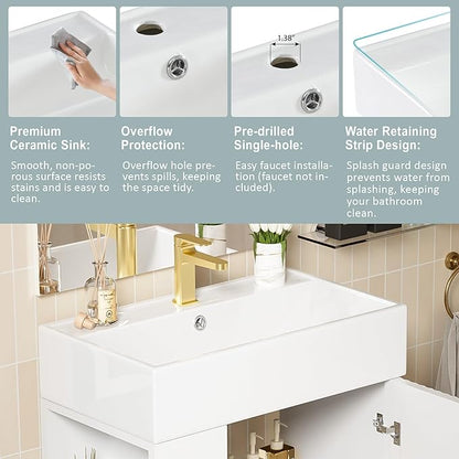 21.6 in Small Bathroom Vanity with Sink,Doors and Storage Shelves,Wood Modern Single Fluted Bathroom Sink Cabinet Freestanding (White,Left Shelf)
