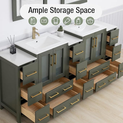 HOMEBEYOND 84 Inch Modern Bathroom Vanity with Sink & Mirror, Double Sink Vanity Cabinet with Basin and Mirror, Dove-Tailed Drawers, Soft-Closing Doors, Wood, Vintage Green