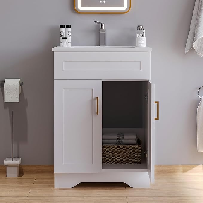 Bathroom 24" Vanity with Ceramic Sink, Wooden Double Door Bathroom Storage Cabinet, Freestanding Cabinet Vanity with Sink (Paint, White,24")