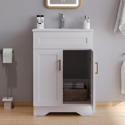 Bathroom 24" Vanity with Ceramic Sink, Wooden Double Door Bathroom Storage Cabinet, Freestanding Cabinet Vanity with Sink (Paint, White,24")