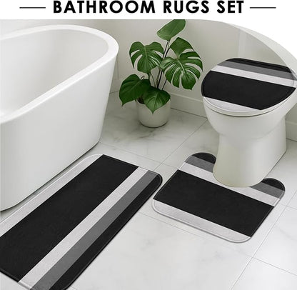 Geometric Bathroom Sets with Shower Curtain and Rugs, 4 Pcs, | Striped Minimalist Modern Black Bathroom Decor Set with Toilet Lid Cover, Non-Slip Bath Mats and Accessories 12 Hooks