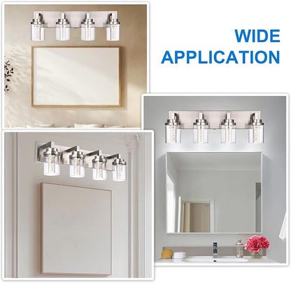 MELUCEE 4-Light LED Bathroom Lighting Fixtures Brushed Nickel 3000K-6000K | Dimmable LED Vanity Light for Bathroom 5CCT Bubble Crystal Bath Wall Lights with Clear Glass Shade, Built-In Led Chips