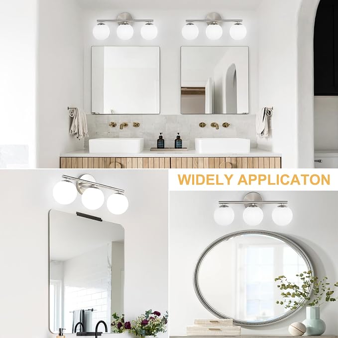 foucasal Brushed Nickel 3-Light Globe Vanity Light Fixture Over Mirror | G9 Socket, Plastic Milk Globe Shades, 4.72" Base, 10W Max, Adjustable Up/Down Light, Mid Century Style for Bathroom Bedroom